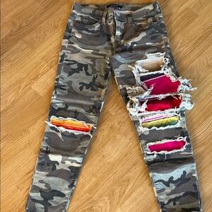 Camo Ripped Jeans with Colorful Patches